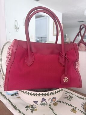 TORY BURCH ‘Savannah' Print Red Canvas Leather Tote Bag